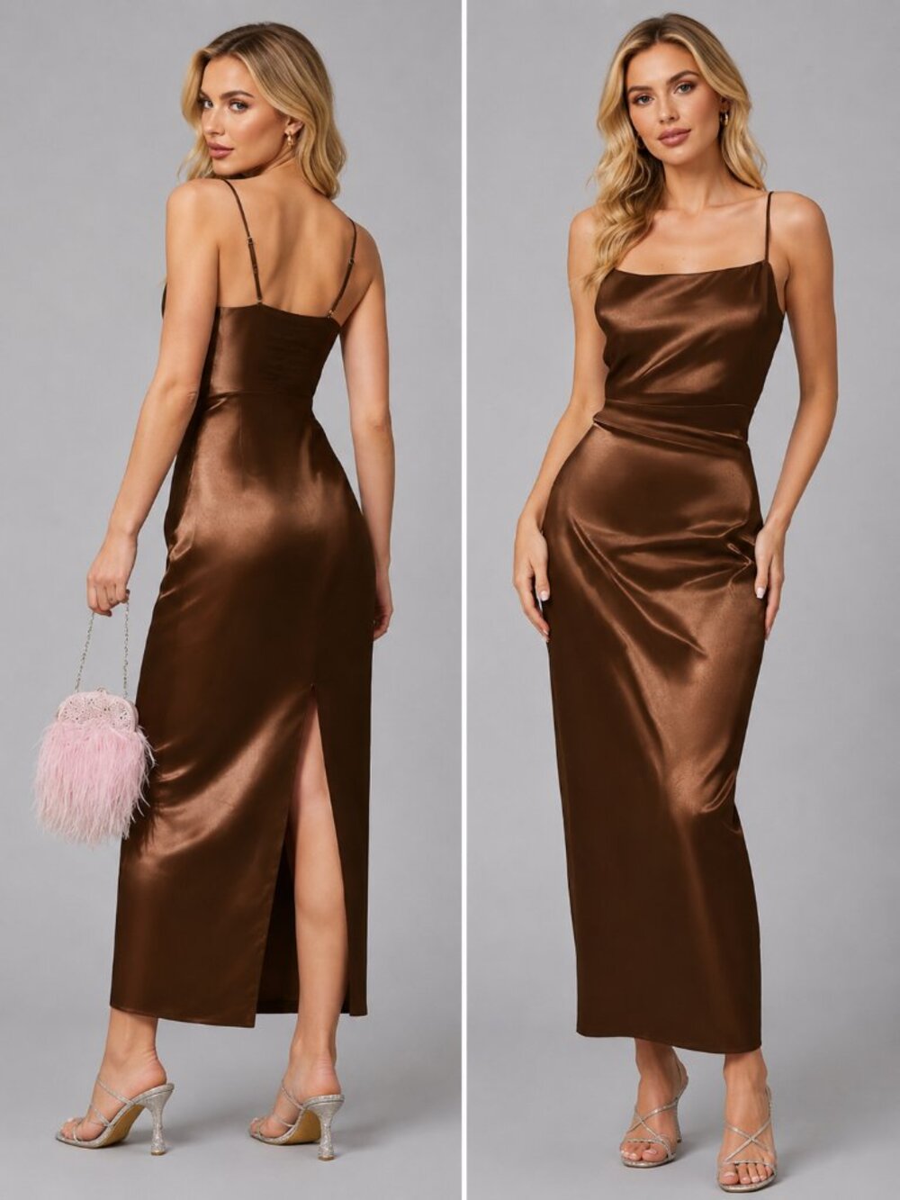 Women's Coffee Brown Satin Maxi Dress Spaghetti Strap Side Slit Evening Gown